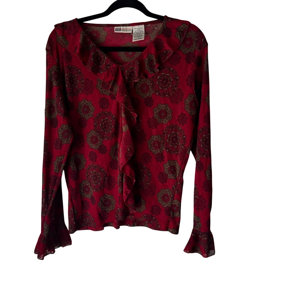 Faded Glory Y2k Red Floral Ruffle Trim Long Sleeve Top XL Whimsioght Grunge